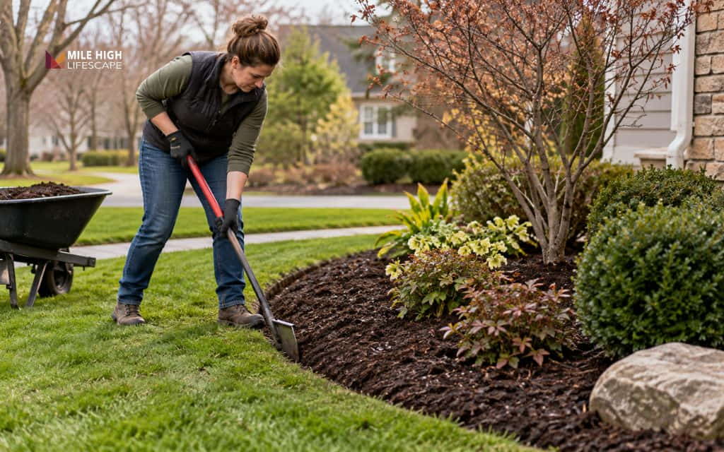 Woman cutting a clean edge along a mulch bed with a long-handled edging spade, wheelbarrow of mulch nearby