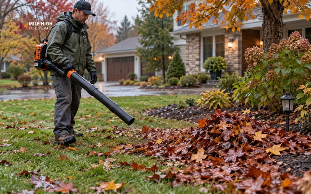 Person using a backpack leaf blower to clear a pile of wet red and brown leaves beside a mulched garden bed