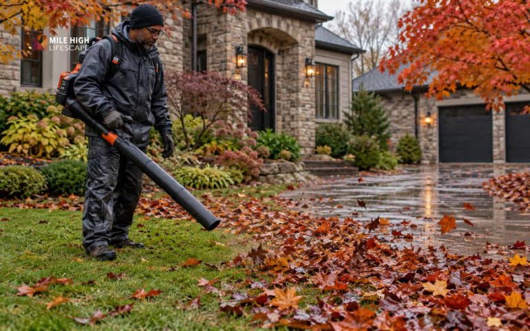 Person in rain gear using a backpack leaf blower to move wet fall leaves across a lawn toward a wet driveway