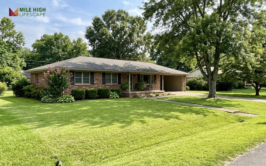 Apple-green centipedegrass lawn in front of a brick ranch home in West Tennessee