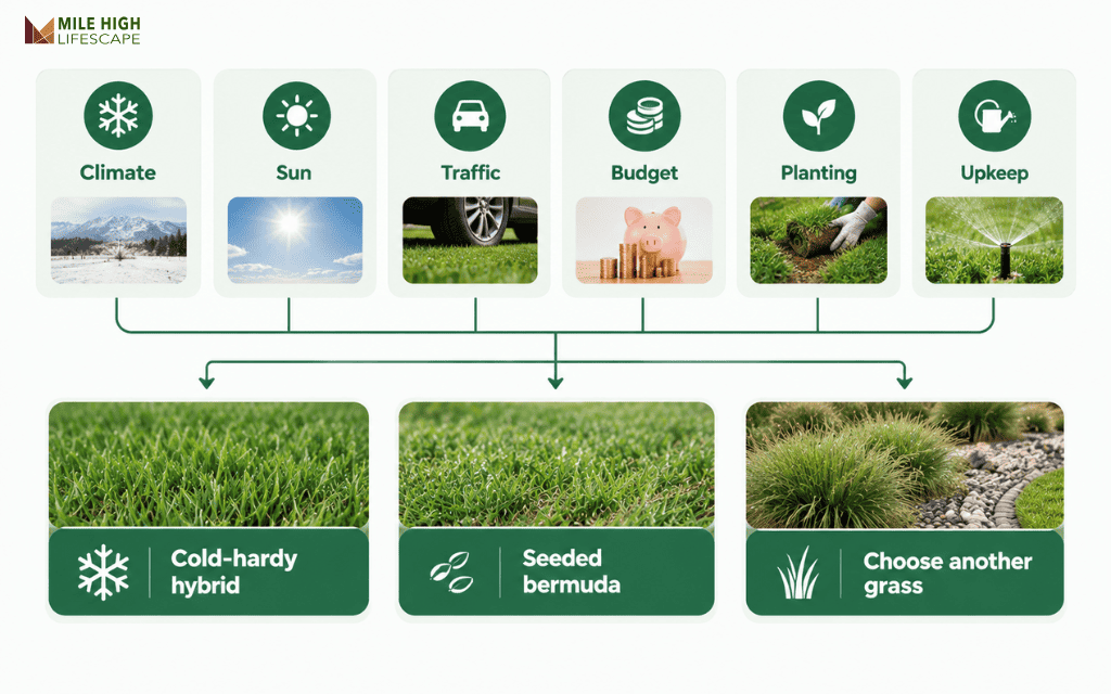 Decision flowchart for choosing a bermuda grass type by climate, sun, traffic, and budget