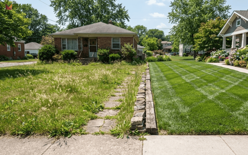 Two residential lawns compared, one with coarse common bermuda and seedheads, one with tight, carpet-like hybrid bermuda