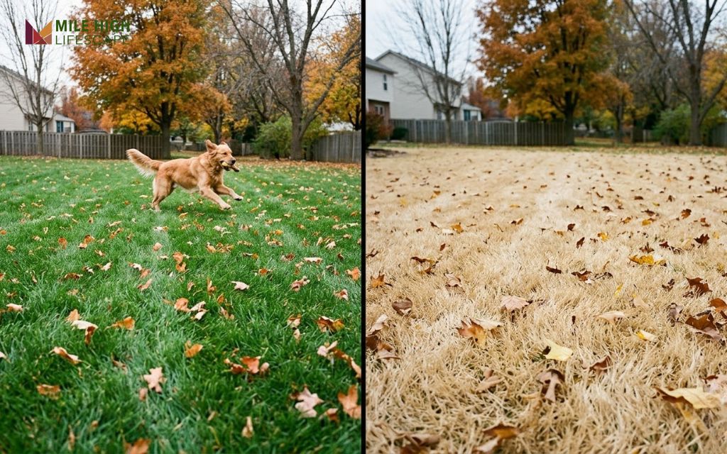 Green cool-season lawn next to a dormant warm-season lawn in fall with a dog
