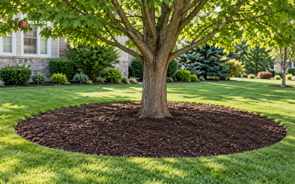 A wide mulch circle around tree roots reduces turf competition effectively
