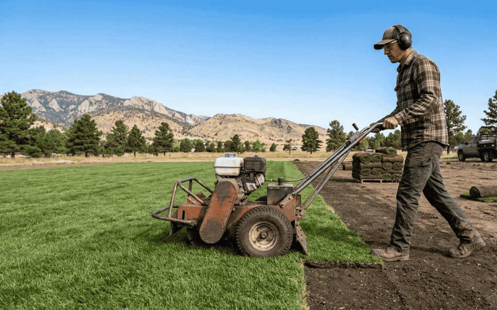 Gas-powered sod cutter removing grass strips from a residential lawn