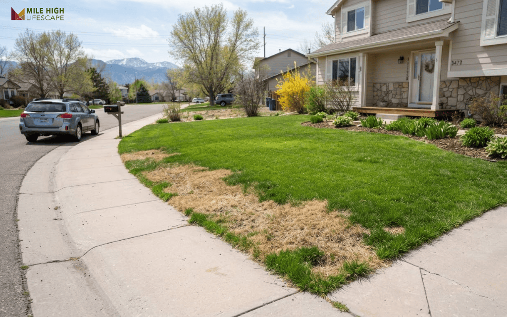 Denver Kentucky bluegrass lawn in early spring with a straw-colored bermuda grass patch near the sidewalk