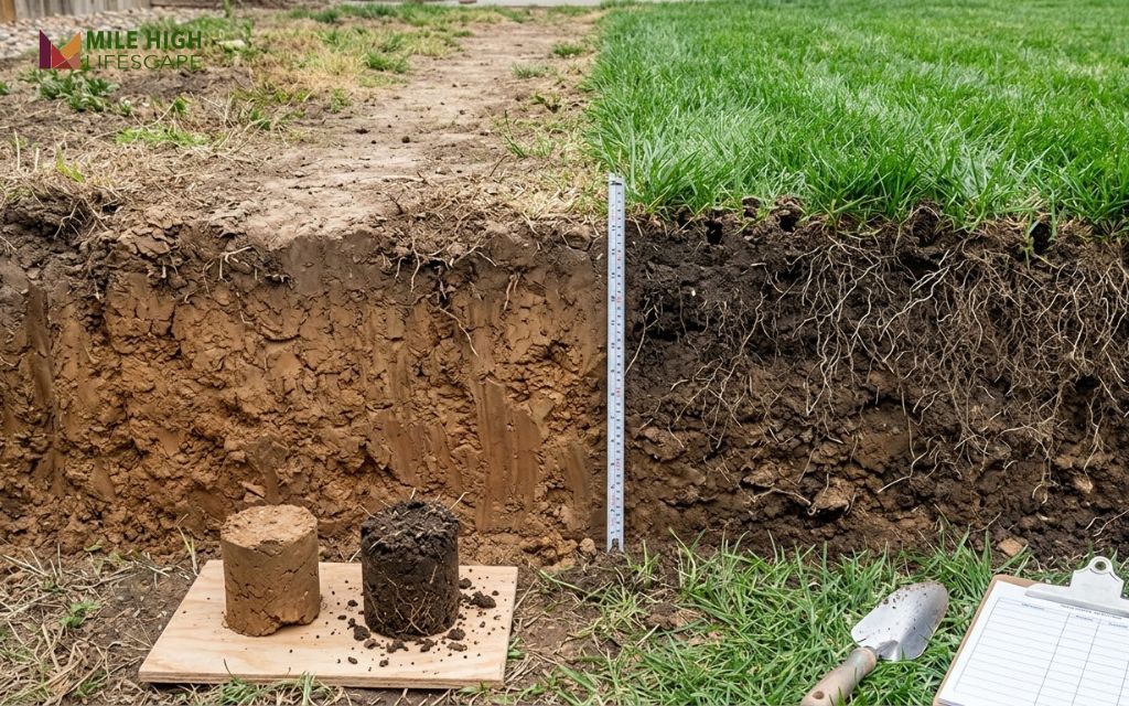 Compacted clay soil under a dog path compared with aerated lawn roots in Denver