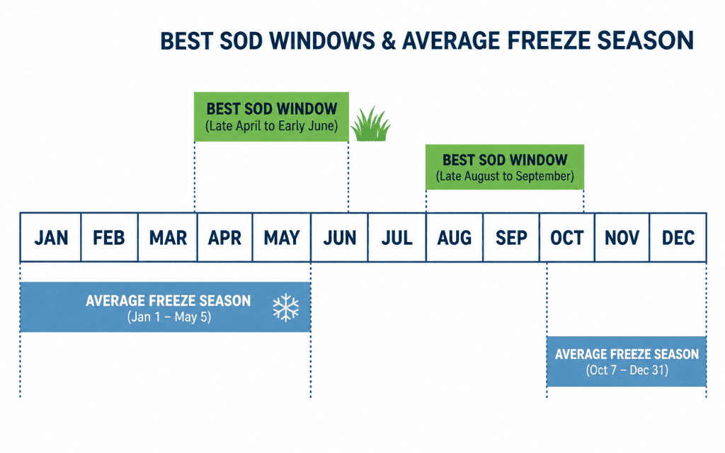 Calendar chart of Denver's average first freeze on October 7 and last freeze on May 5 with recommended sod installation windows