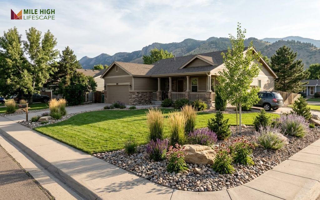 Kentucky bluegrass lawn with xeriscape beds in a Denver Metro front yard near the Front Range