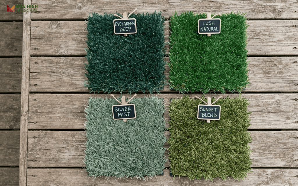 Four turf samples of Kentucky bluegrass, tall fescue, buffalograss, and blue grama arranged for comparison