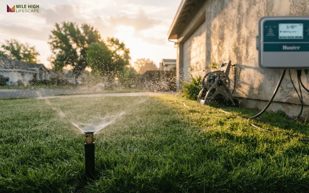 Sprinkler watering a Denver lawn at dawn under 2-day-per-week watering rules