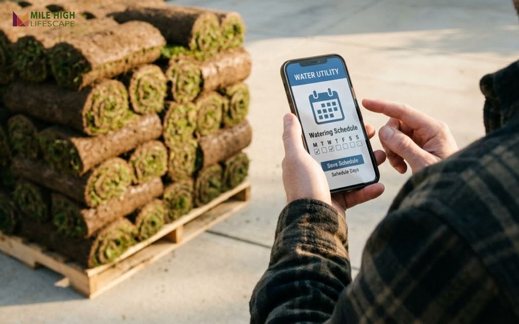 Homeowner reading local lawn watering rules on a phone next to stacked sod pallets