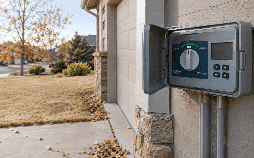 Turned-off sprinkler controller beside a lawn during Denver's 2026 watering ban
