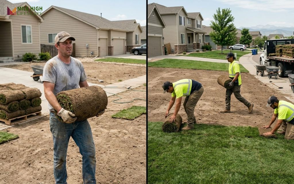Split image comparing a homeowner laying sod alone with a professional landscaping crew installing sod