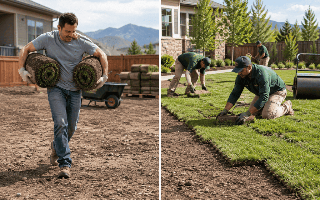 Homeowner carrying sod rolls next to a professional crew laying staggered sod seams