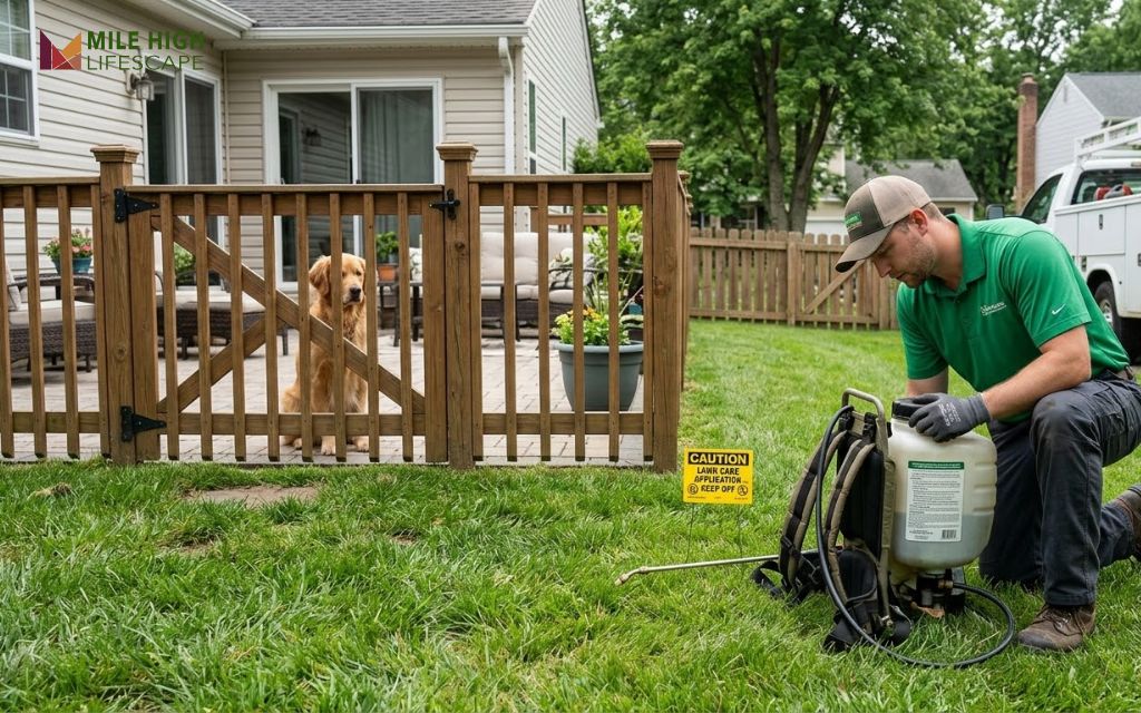 Dog kept off a treated lawn while a technician checks the product label
