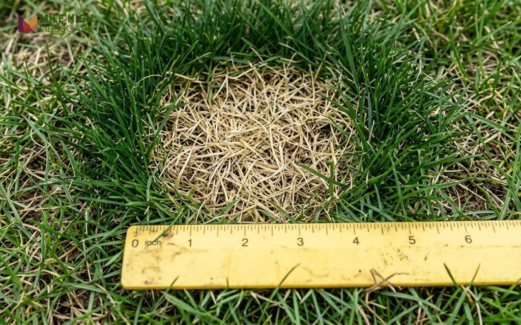Dog urine spot on bluegrass lawn with dead center and dark green ring