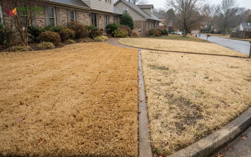 Dormant tan zoysia lawn beside a straw-colored dormant bermuda lawn in late fall