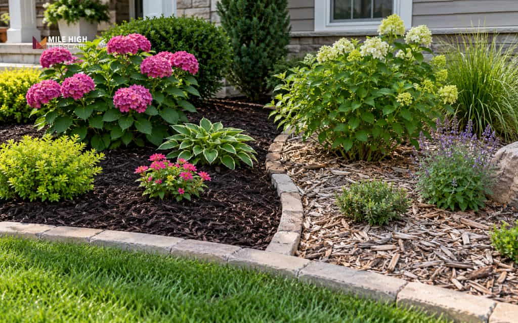 Dark fine mulch beside light shredded bark chips, divided by a paver edge, with pink hydrangeas and hostas