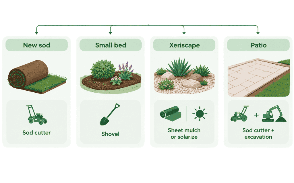 Decision flowchart showing the best way to remove sod for new lawn, garden bed, or xeriscape