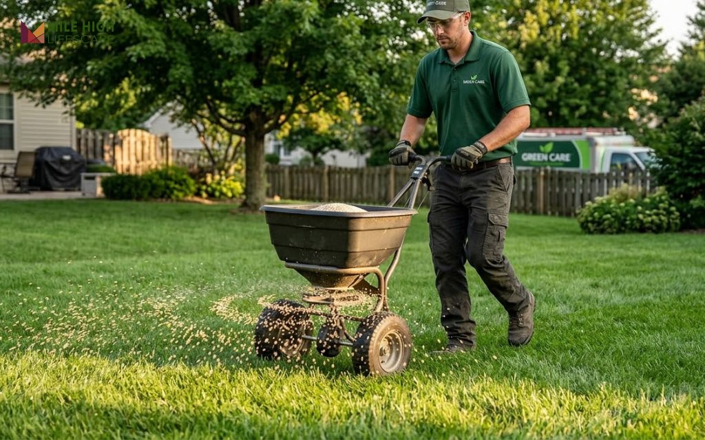 Technician applying granular fertilizer to a tall fescue lawn with a broadcast spreader