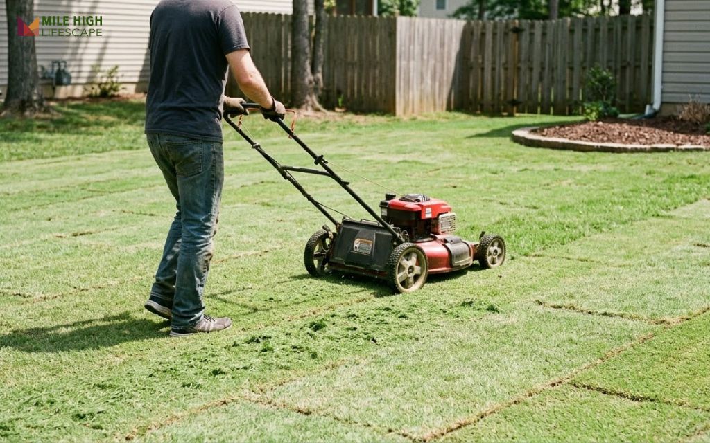 Homeowner mowing new sod for the first time with a walk-behind mower set to a high cutting height