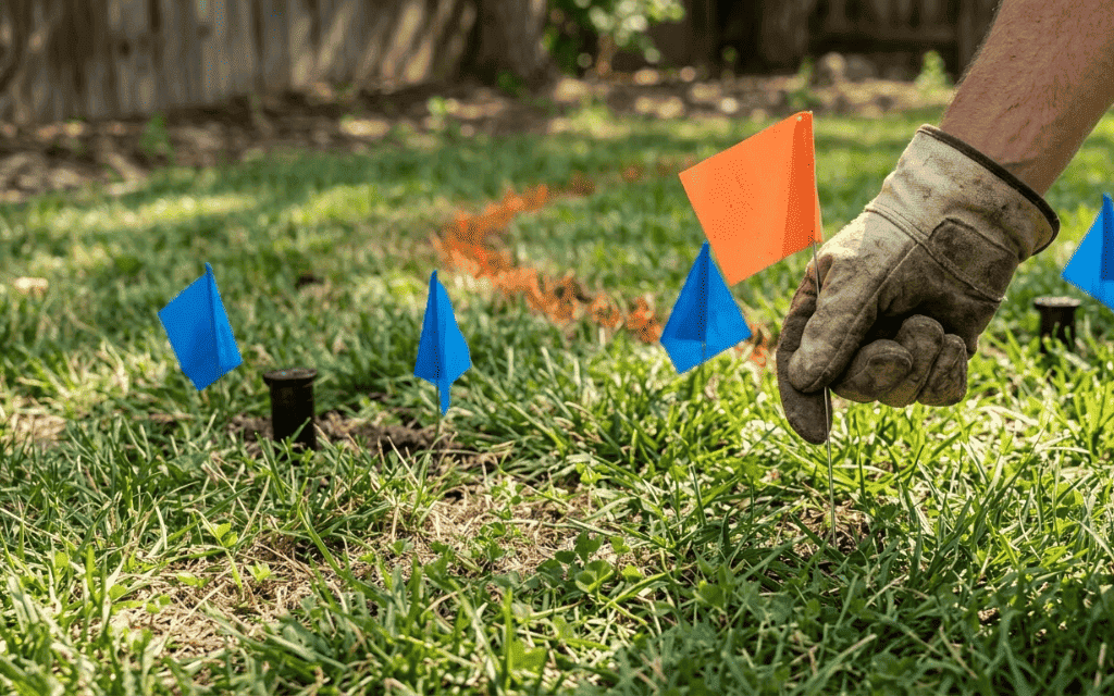 Homeowner placing marker flags beside sprinkler heads on a lawn before sod removal
