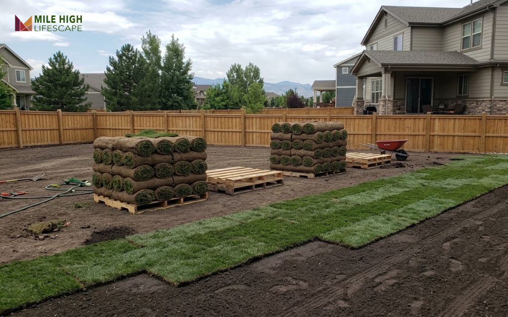 Fresh cool-season sod rolls stacked on a prepared Denver backyard