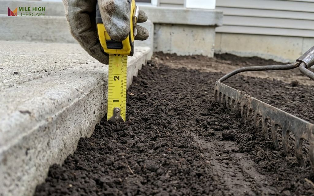 Landscaper raking amended clay soil level about one inch below a concrete sidewalk before sod installation
