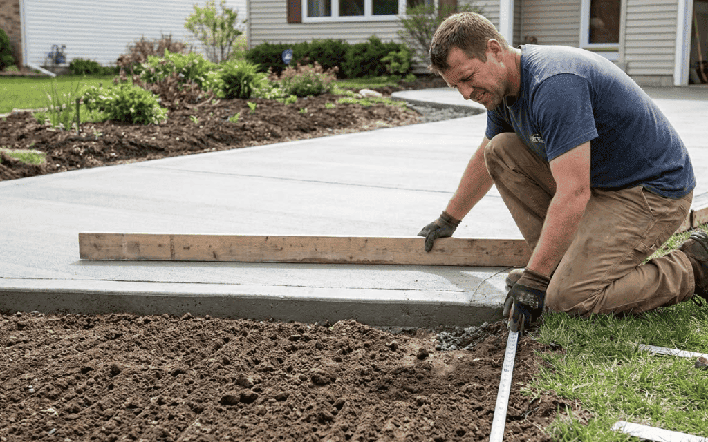  Homeowner measuring prepared soil about 1 inch below a driveway edge before laying sod