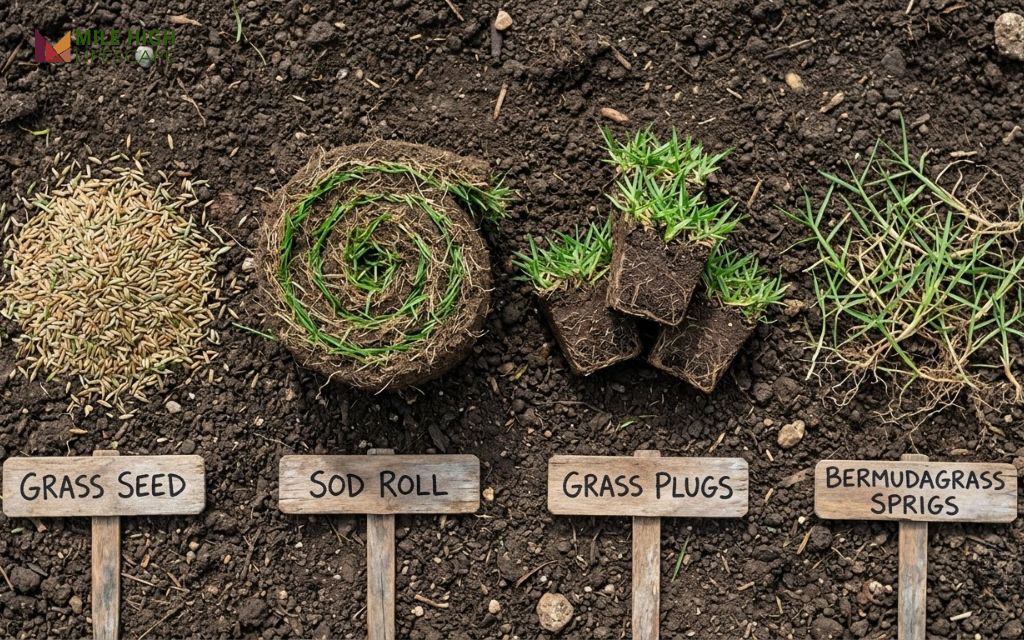 Grass seed, sod roll, plugs, and sprigs laid side by side for comparison