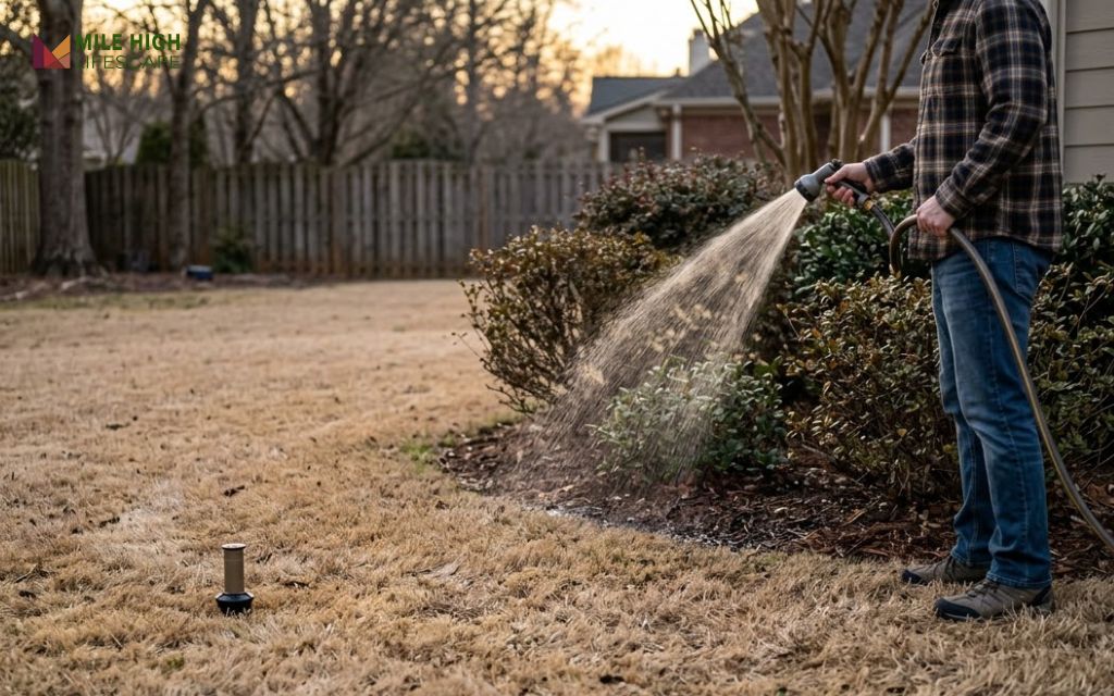 Homeowner hand-watering shrubs with a shut-off nozzle during Denver lawn watering restrictions