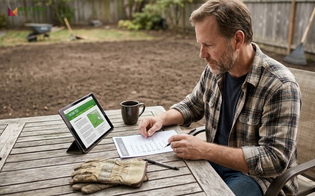 Homeowner reviewing a sod installation guide on a tablet at a patio table beside a prepared yard