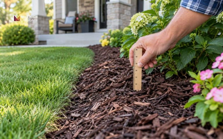 Hand measuring how deep mulch should be with a ruler in a garden bed next to a lawn