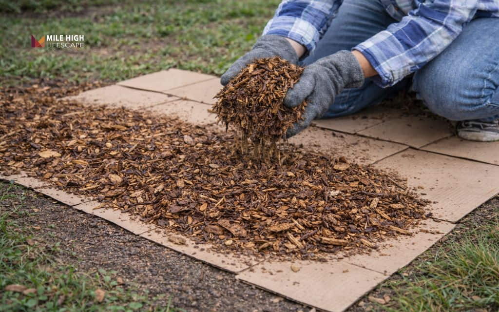 Gloved hands spreading wood chip mulch over overlapping cardboard sheets laid on grass