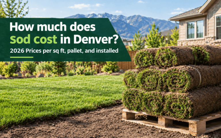 Crew unrolling fresh Kentucky bluegrass sod over graded soil in a Denver backyard