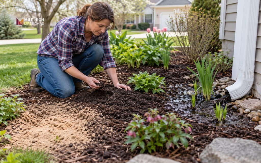 Woman kneeling in a flower bed spreading mulch near a downspout where water pools on the soil