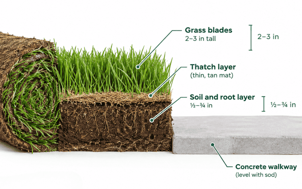 Cross-section diagram showing how thick sod is: grass blades, thatch, and a ½ to ¾ inch soil-and-root layer level with a walkway