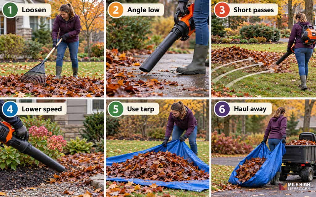 Six-step guide to clearing wet leaves: loosen, angle low, short passes, lower speed, use tarp, haul away
