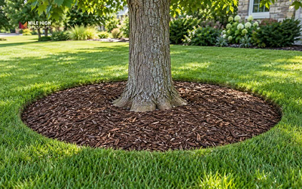 Circular mulch ring around a tree trunk with a clean-cut edge in the lawn and the root flare visible