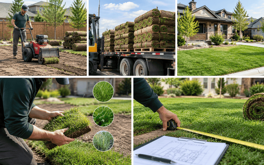 Homeowner measuring a front yard with a measuring wheel before ordering sod