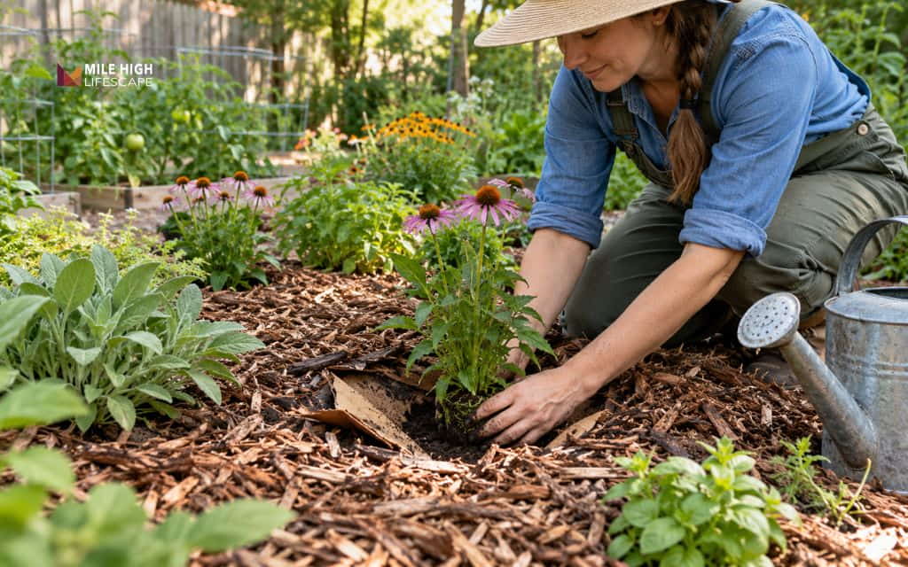 Gardener planting a purple coneflower through an opening cut in cardboard under wood chip mulch, with a watering can nearby