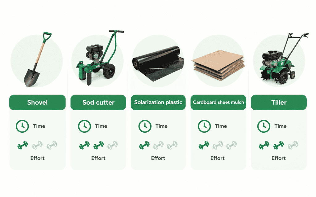Infographic comparing 5 ways to remove sod by time, effort, and cost