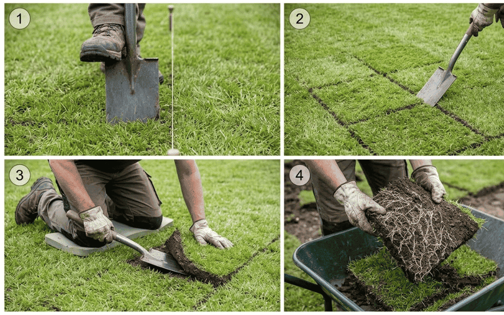 Person kneeling to slice under a sod pad with a flat spade and lift it from the lawn