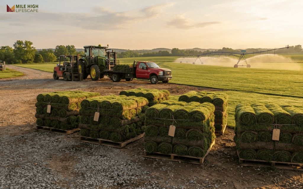 Rows of hybrid bermuda sod rolls stacked on pallets at a sod farm, each pallet tagged with a variety name