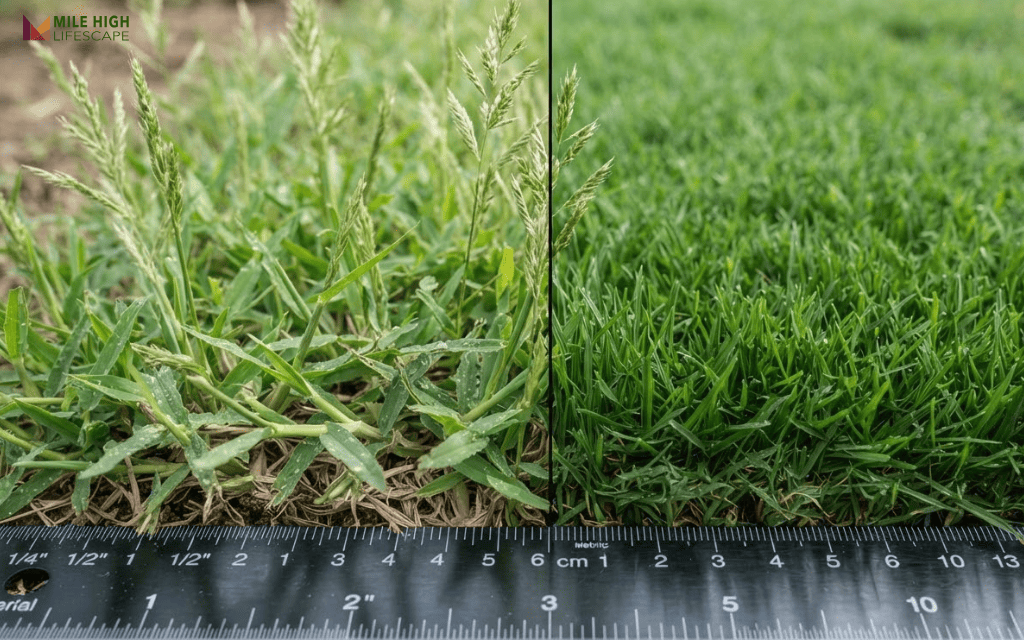 Side-by-side close-up of coarse common bermuda blades next to fine triploid hybrid bermuda blades