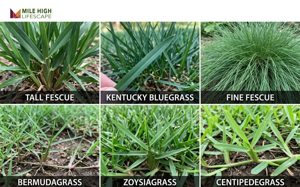 Six labeled close-ups of Tennessee lawn grass blades for identification