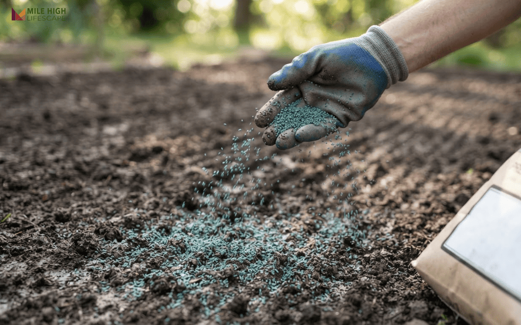 Hand scattering coated improved bermuda grass seed over raked bare soil
