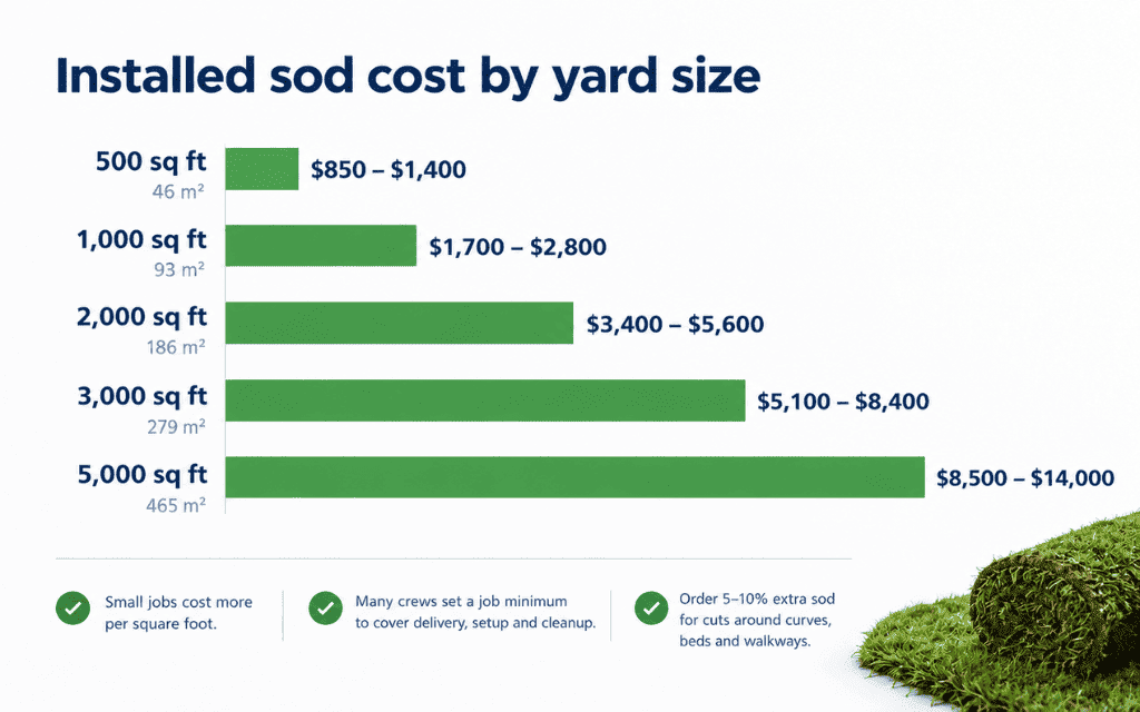 Bar chart of installed sod cost in Denver for 500 to 5,000 square foot lawns