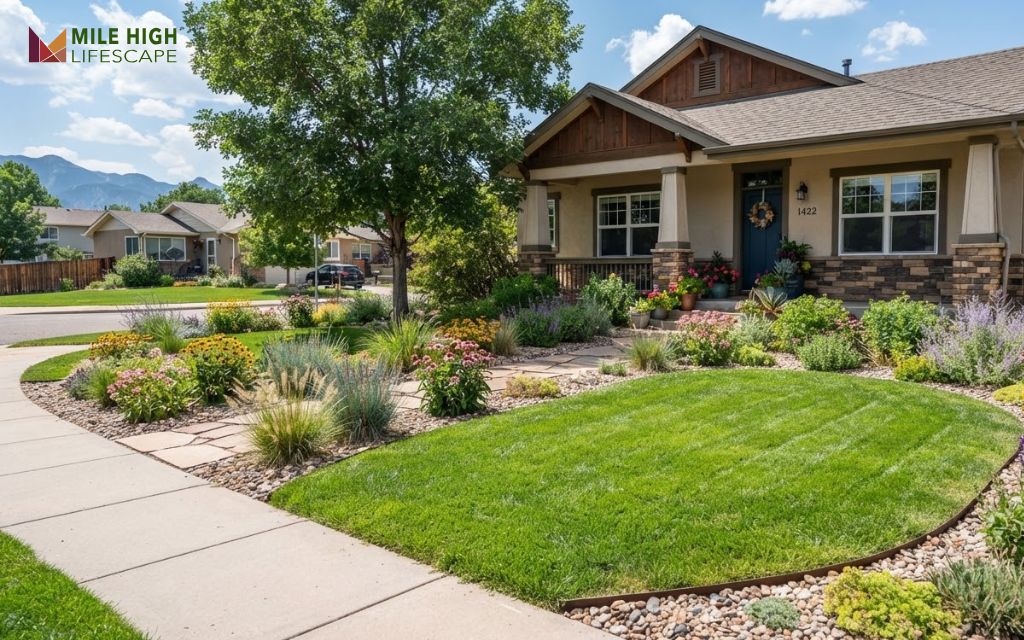 Green Kentucky bluegrass lawn bordered by a xeriscape bed in a Denver front yard